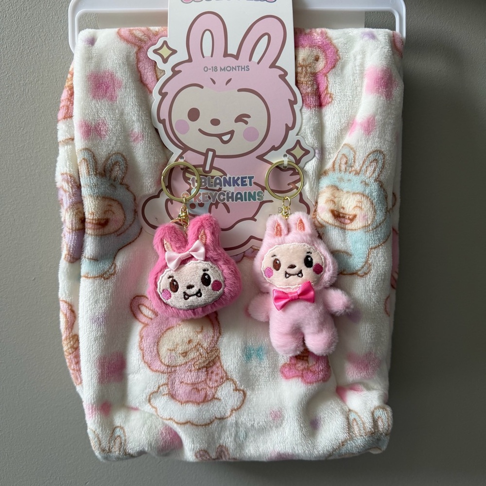 Labubu Cutesters Baby Blanket and Keychain Set NEW Vday Basket Gift Shower Trend